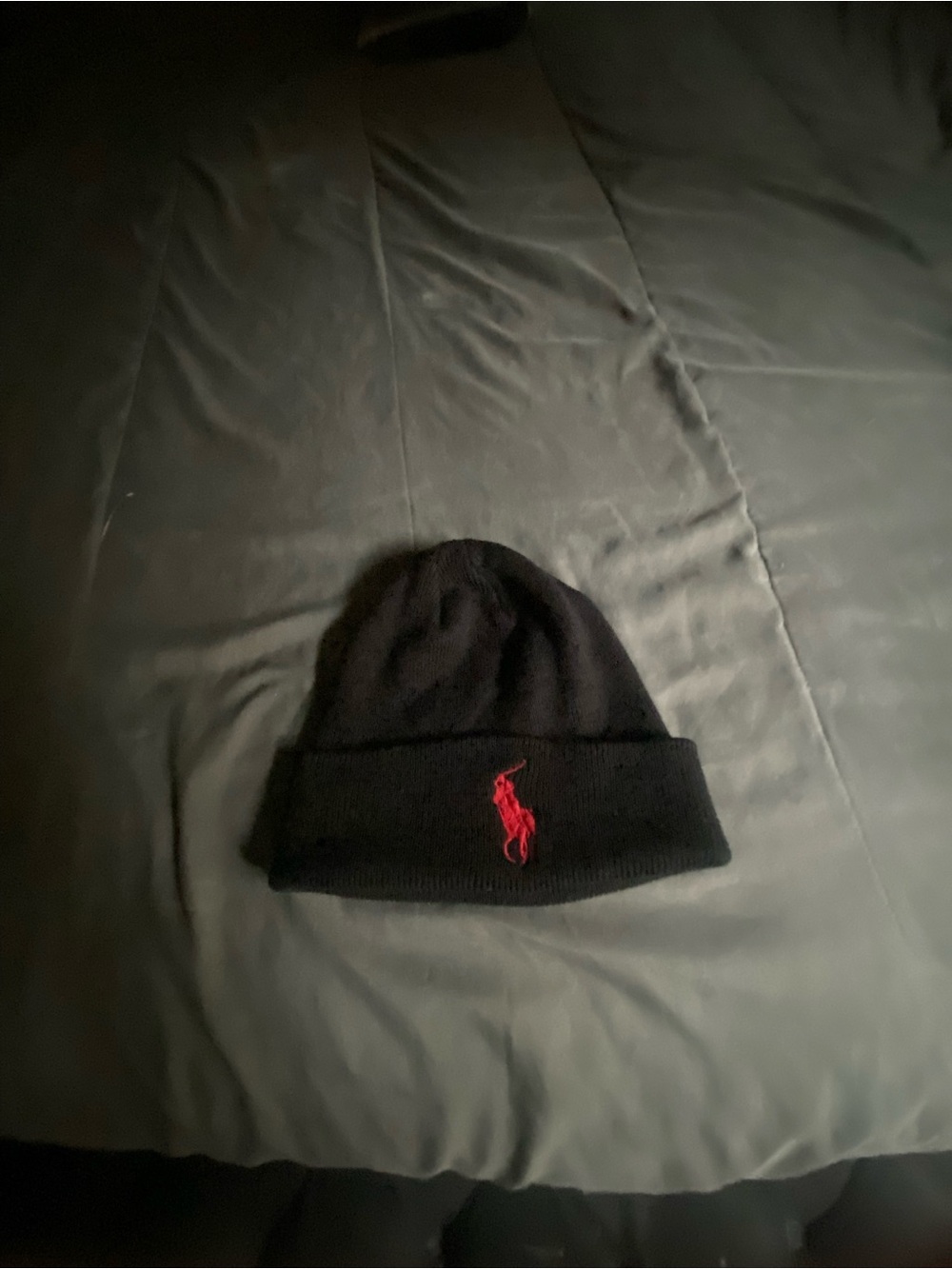 Ralph Lauren Black Beanie with Red Polo Logo
